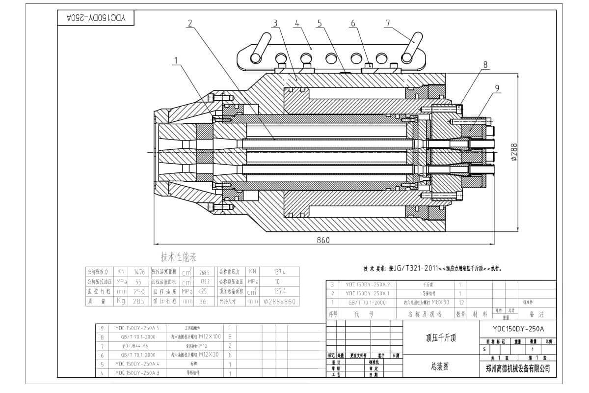 150 Ton 250mm Stroke Multi Strands Tensioning Hydraulic Jack